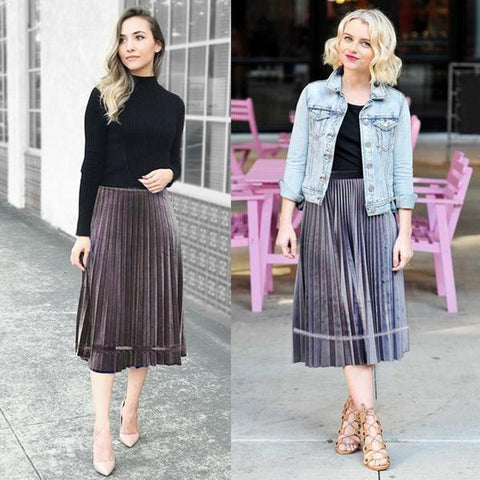 Velvet Pleated Midi Skirt